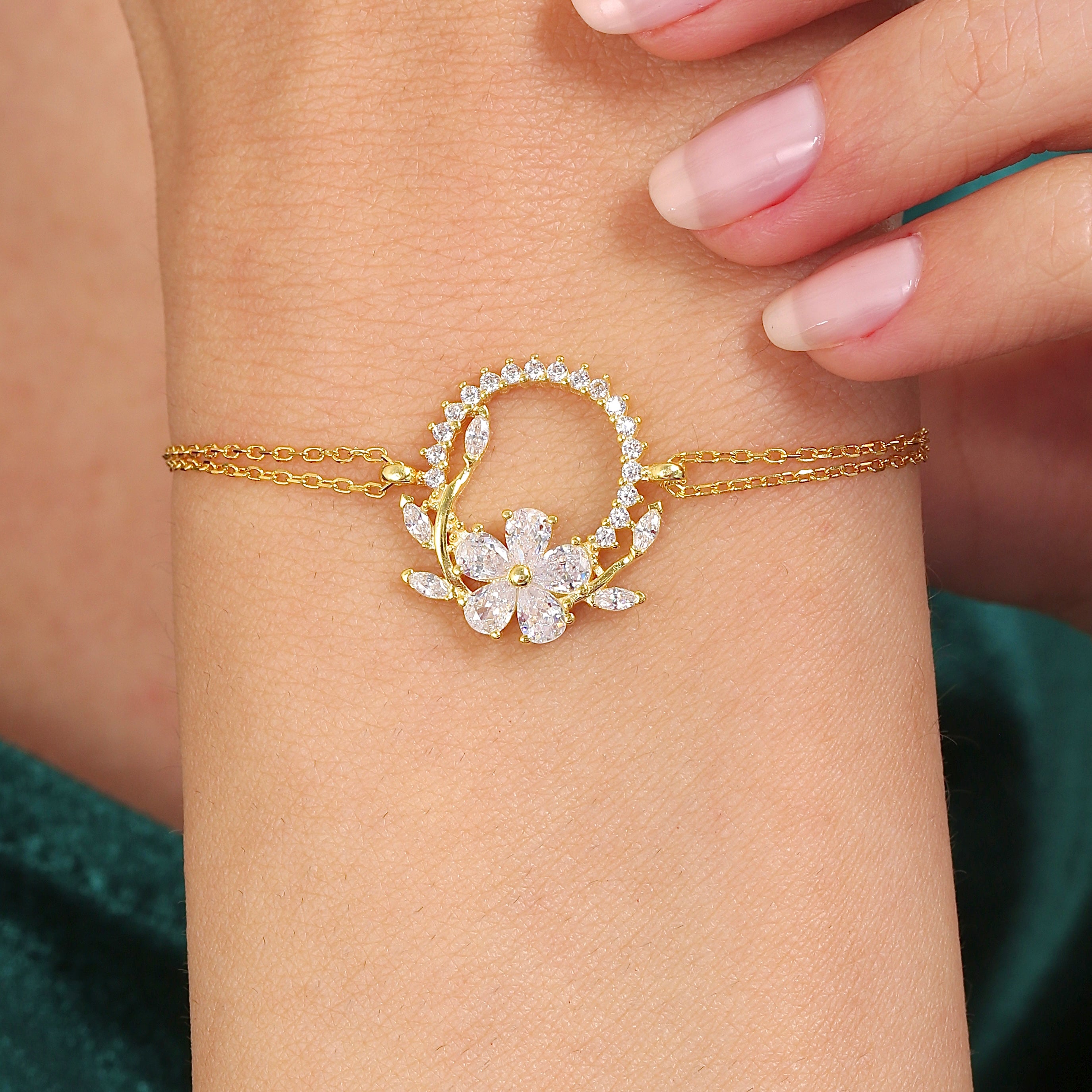 14K Solid Gold Diamond Crown Bracelet: Floral Gold Jewelry Gift