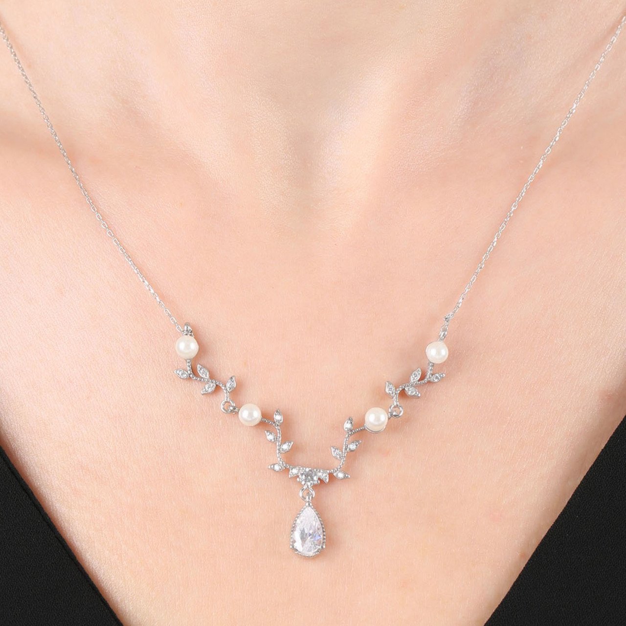 Diamond Mount Pearl Spring Rose/Silver/Gold Flowers 925 Sterling Silver Necklace