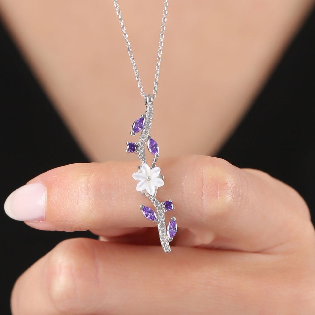 Amethyst Stone Magnolia Flower Elegance Rose/Silver 925 Sterling Silver Necklace