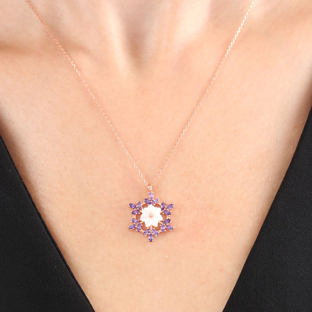 Amethyst Crystal Snowflake Rose Gold / Silver Flowers 925 Sterling Silver Necklace