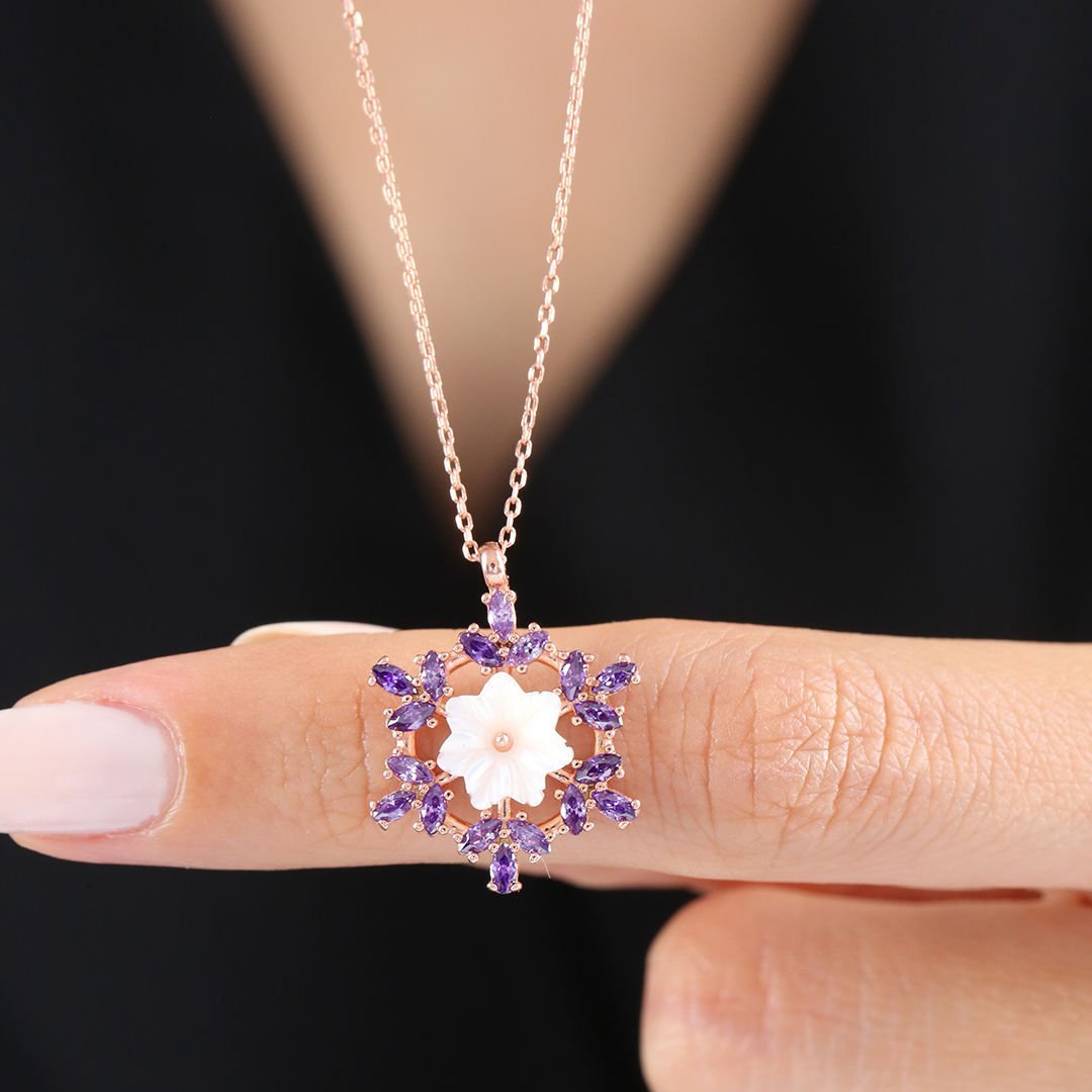 Amethyst Crystal Snowflake Rose Gold / Silver Flowers 925 Sterling Silver Necklace