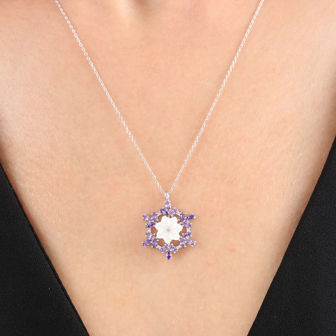 Amethyst Crystal Snowflake Rose Gold / Silver Flowers 925 Sterling Silver Necklace