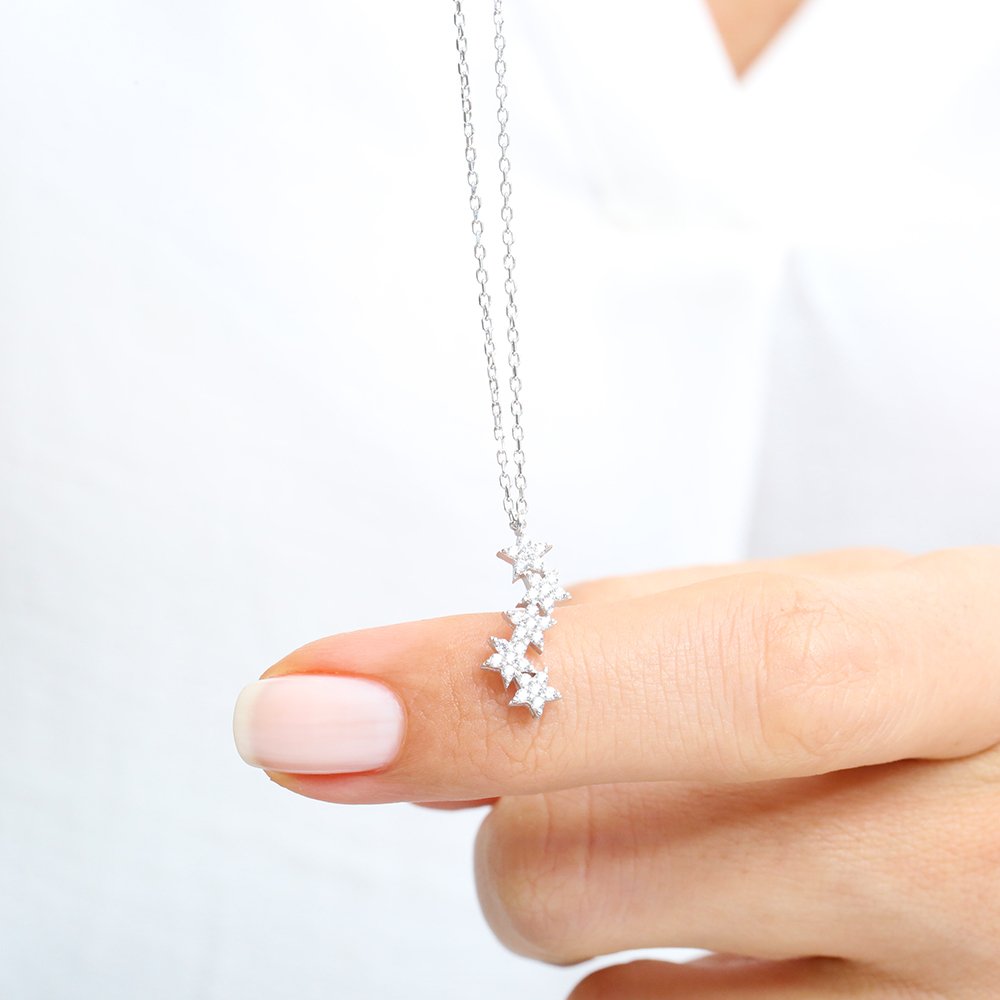 Diamond Mount Asymmetric Stars 925 Sterling Silver / Rose Gold Necklace