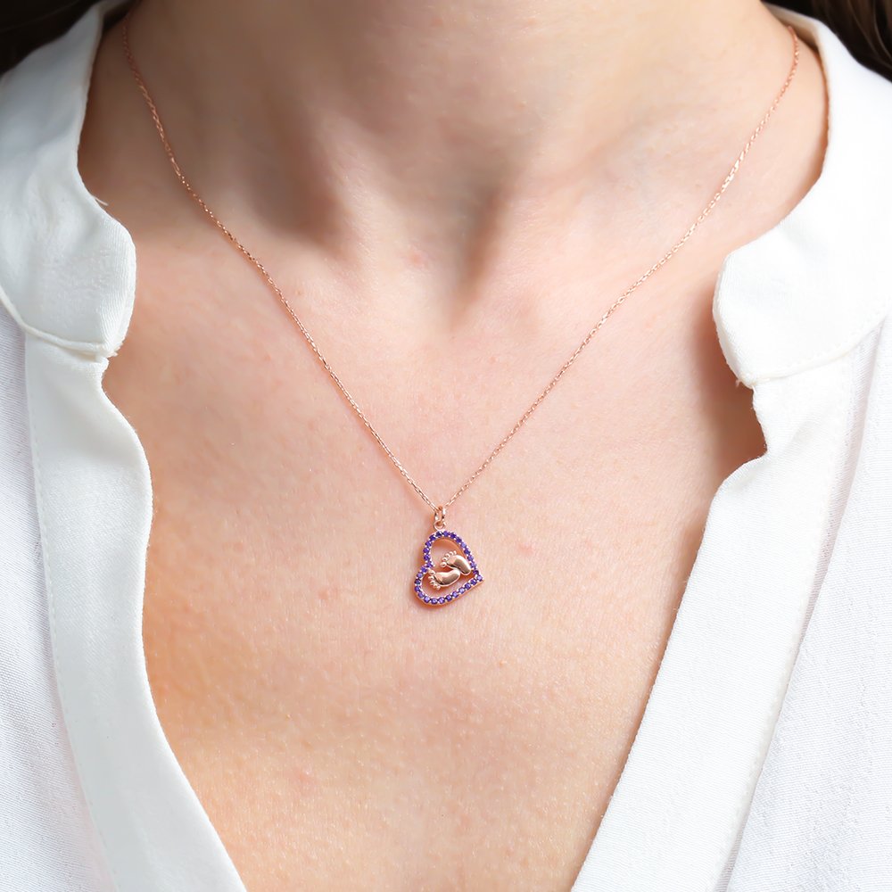 Amethyst Heart Motif 925 Sterling Rose Gold / Gold Necklace