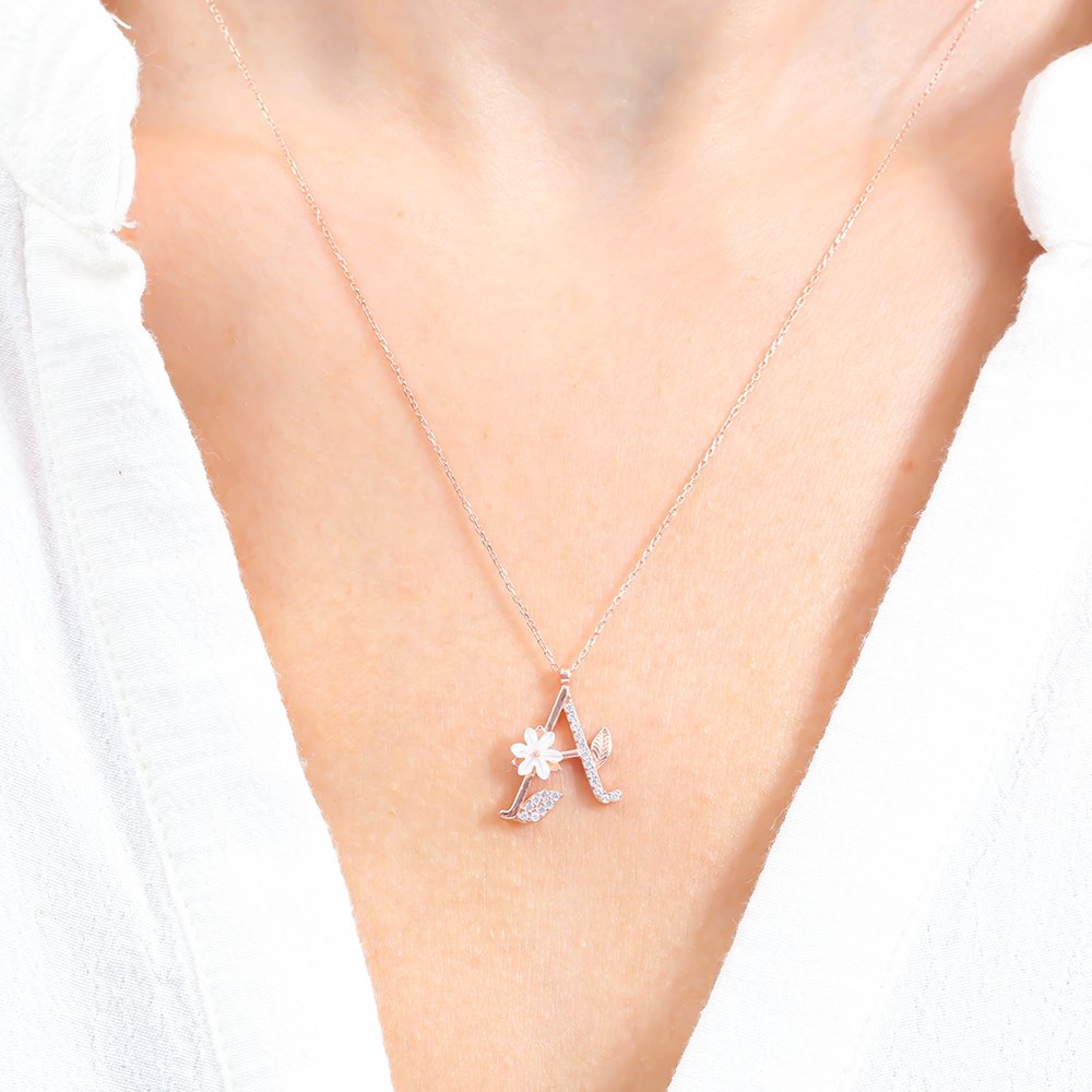 Sparkling Magnolia Flower 925 Sterling Silver Letter Necklace