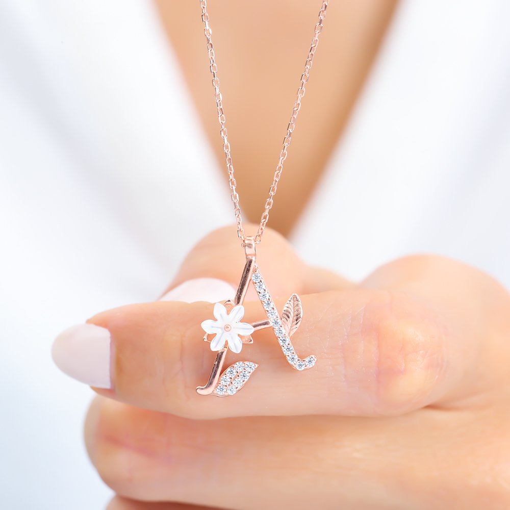 Sparkling Magnolia Flower 925 Sterling Silver Letter Necklace