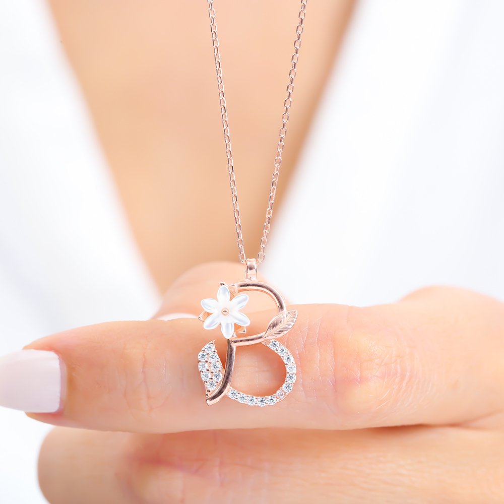 Sparkling Magnolia Flower 925 Sterling Silver Letter Necklace