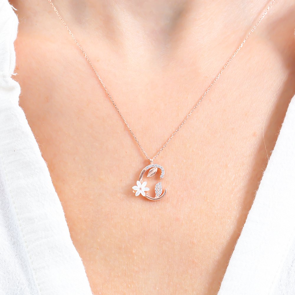 Sparkling Magnolia Flower 925 Sterling Silver Letter Necklace