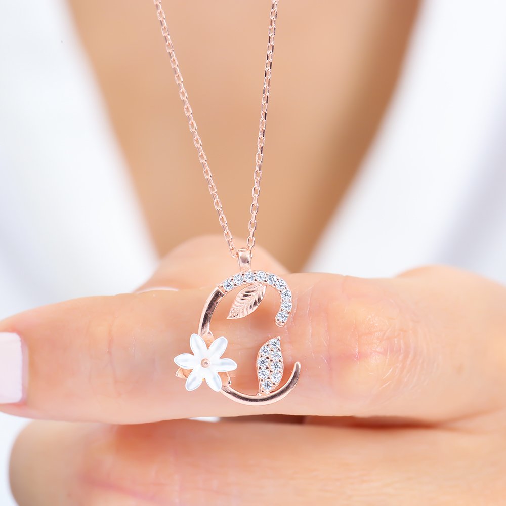 Sparkling Magnolia Flower 925 Sterling Silver Letter Necklace
