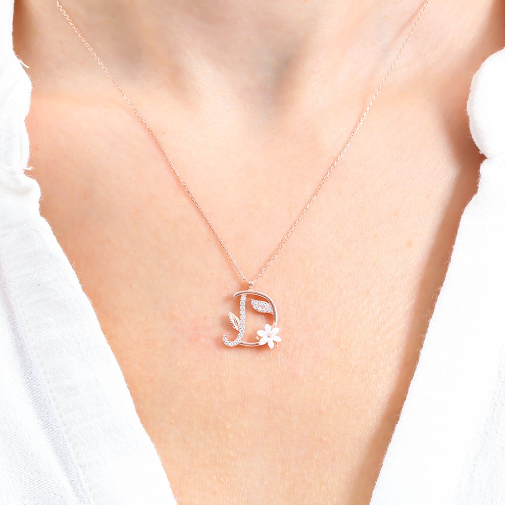 Sparkling Magnolia Flower 925 Sterling Silver Letter Necklace
