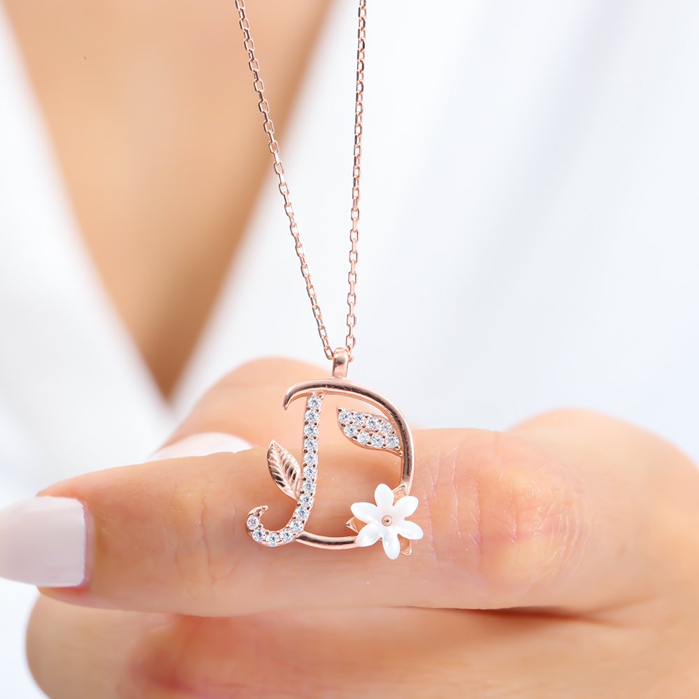 Sparkling Magnolia Flower 925 Sterling Silver Letter Necklace