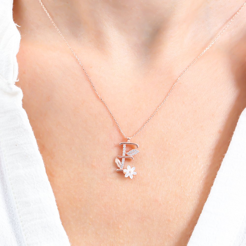 Sparkling Magnolia Flower 925 Sterling Silver Letter Necklace