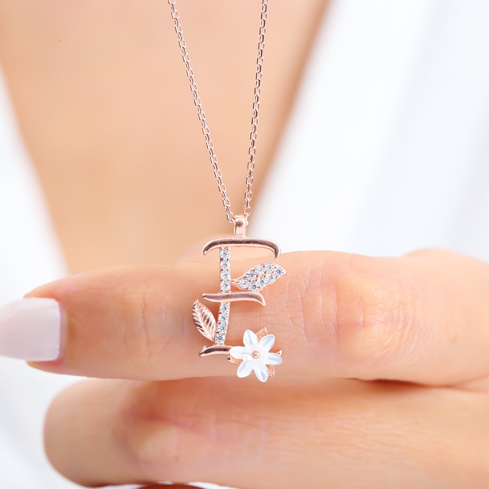 Sparkling Magnolia Flower 925 Sterling Silver Letter Necklace