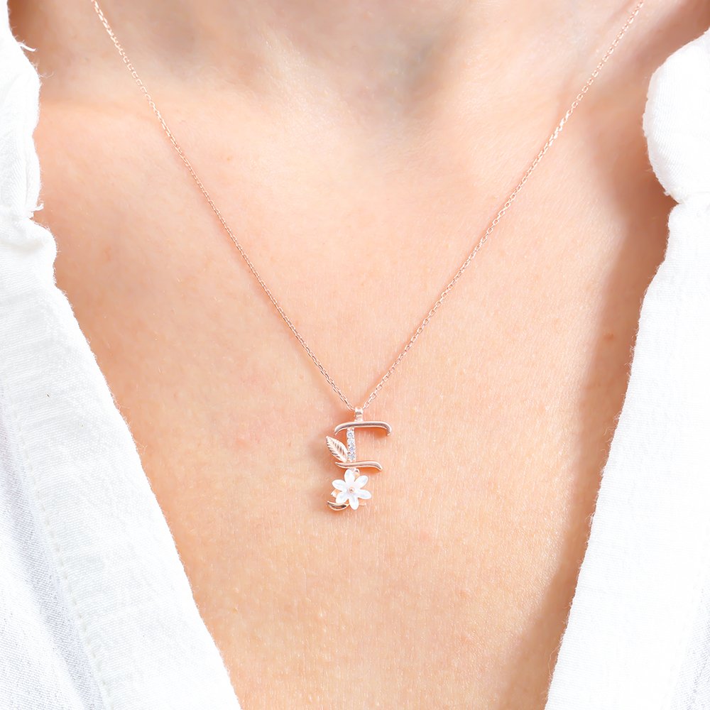 Sparkling Magnolia Flower 925 Sterling Silver Letter Necklace