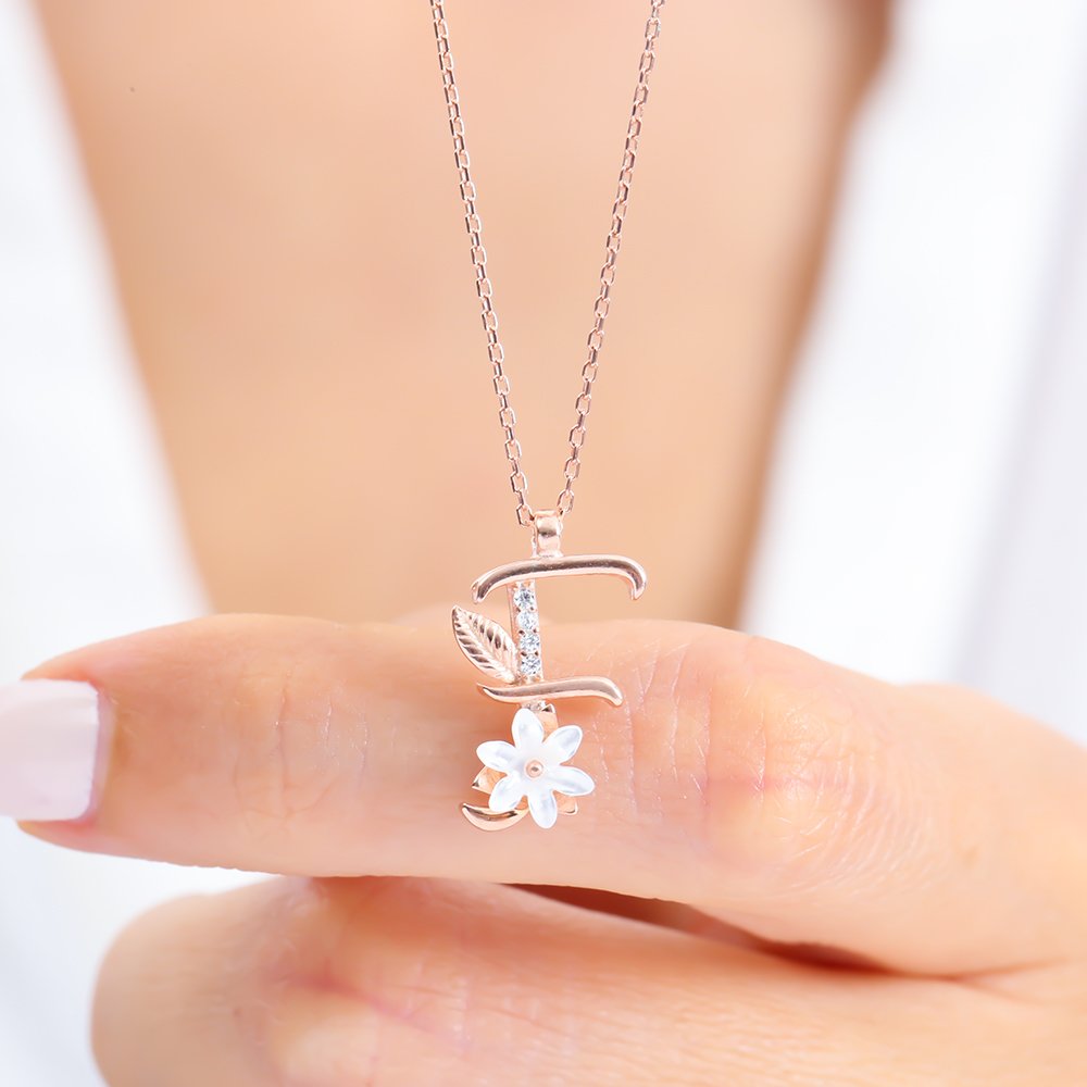 Sparkling Magnolia Flower 925 Sterling Silver Letter Necklace