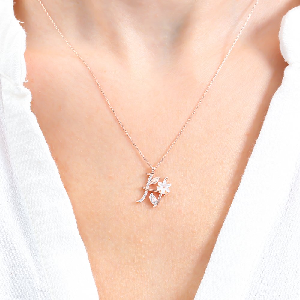 Sparkling Magnolia Flower 925 Sterling Silver Letter Necklace