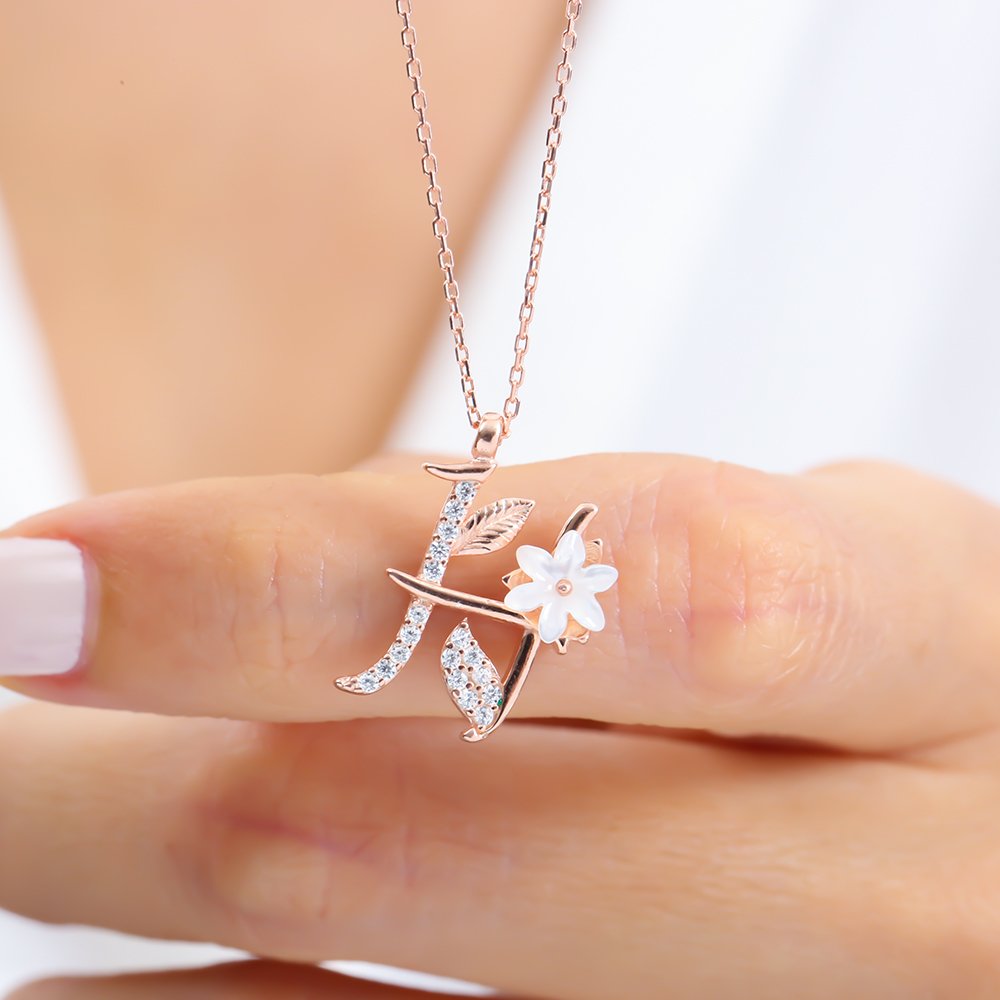 Sparkling Magnolia Flower 925 Sterling Silver Letter Necklace
