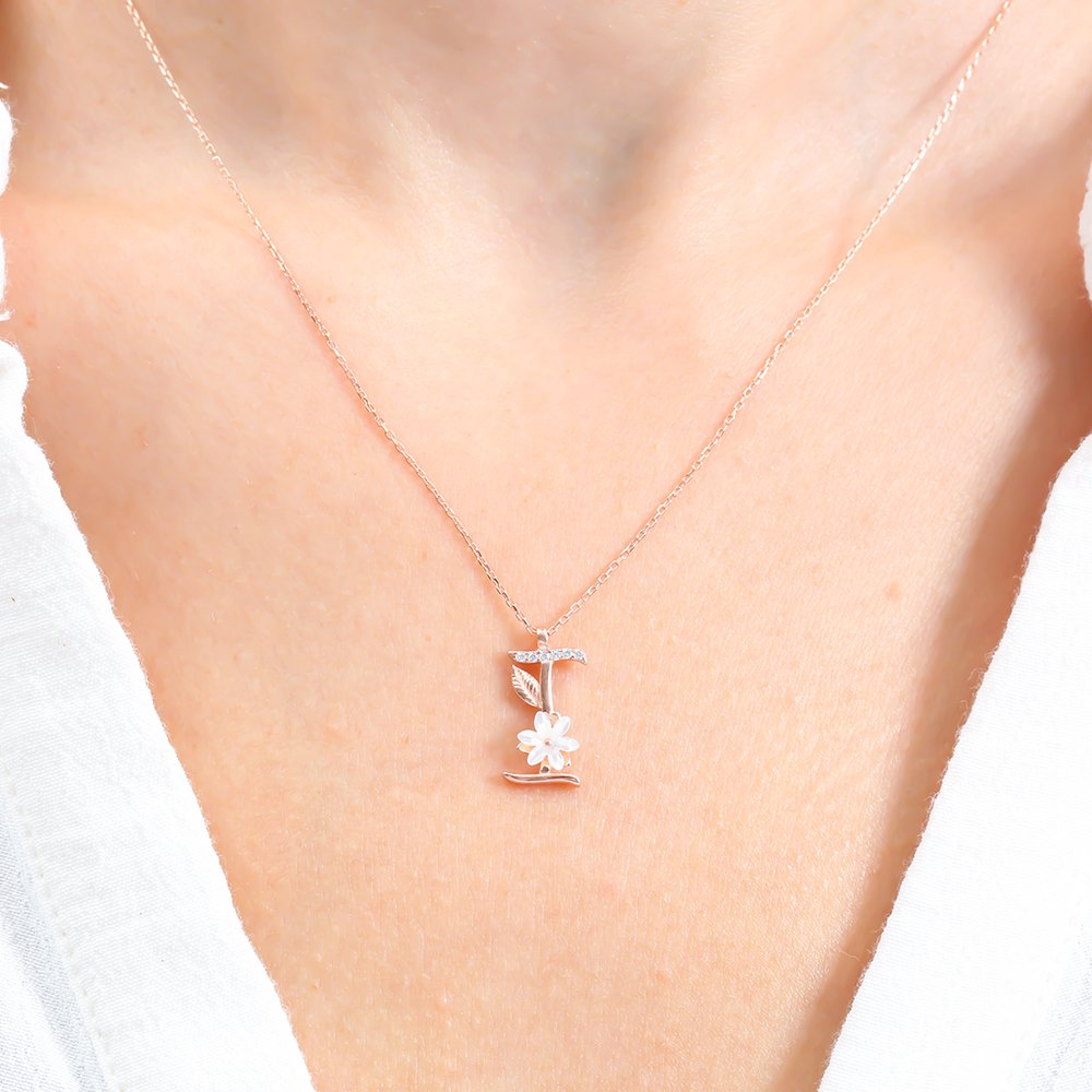 Sparkling Magnolia Flower 925 Sterling Silver Letter Necklace