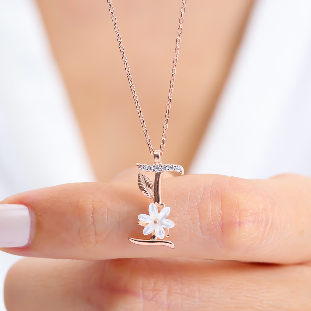 Sparkling Magnolia Flower 925 Sterling Silver Letter Necklace