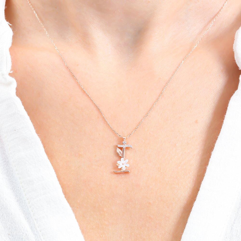 Sparkling Magnolia Flower 925 Sterling Silver Letter Necklace