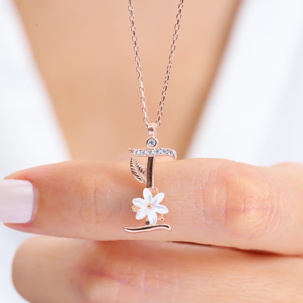Sparkling Magnolia Flower 925 Sterling Silver Letter Necklace