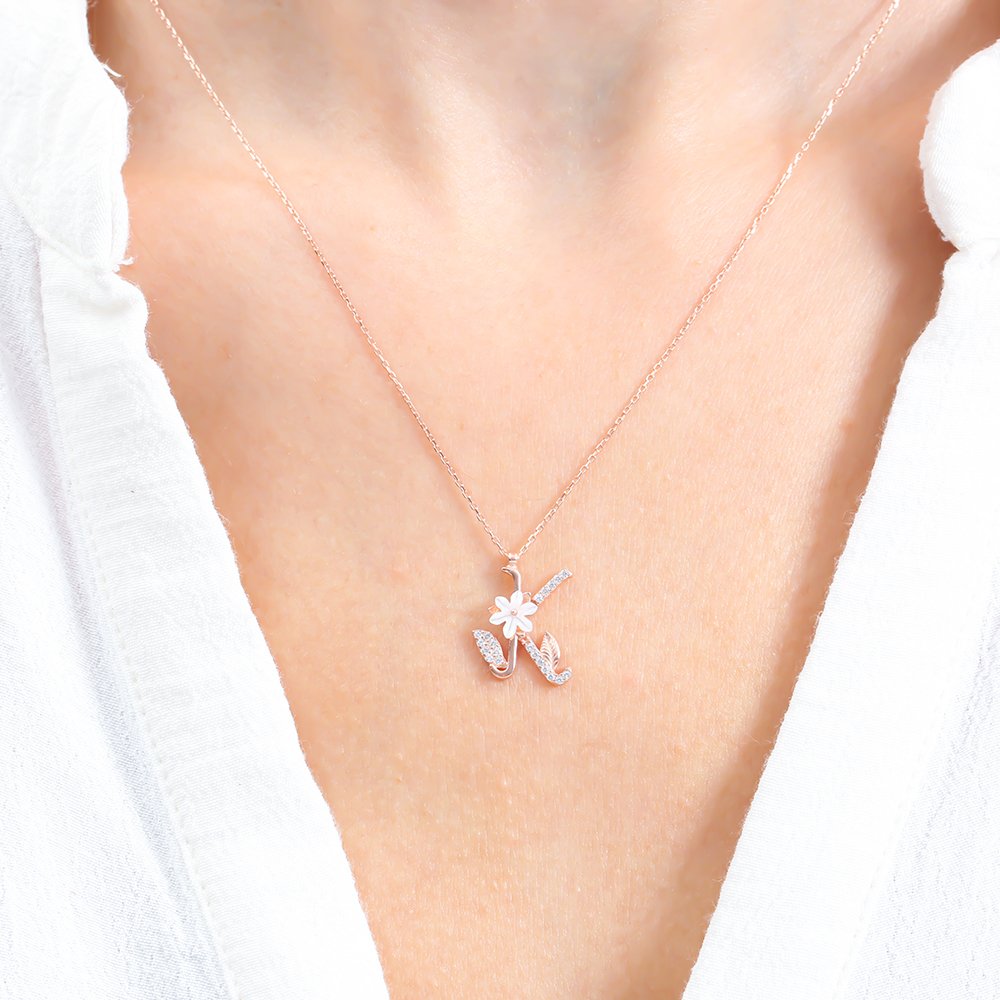 Sparkling Magnolia Flower 925 Sterling Silver Letter Necklace