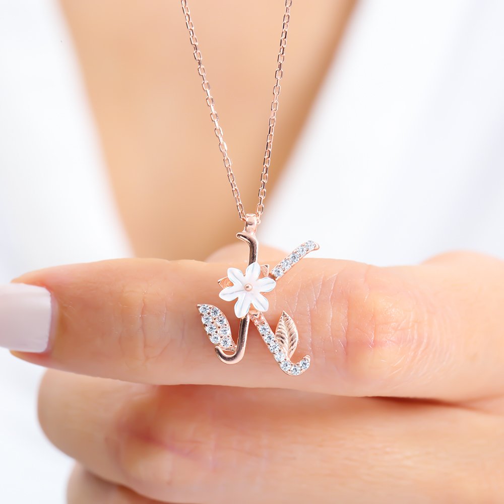 Sparkling Magnolia Flower 925 Sterling Silver Letter Necklace