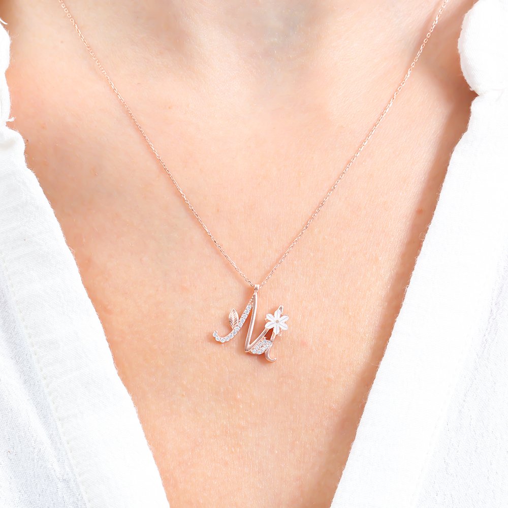 Sparkling Magnolia Flower 925 Sterling Silver Letter Necklace