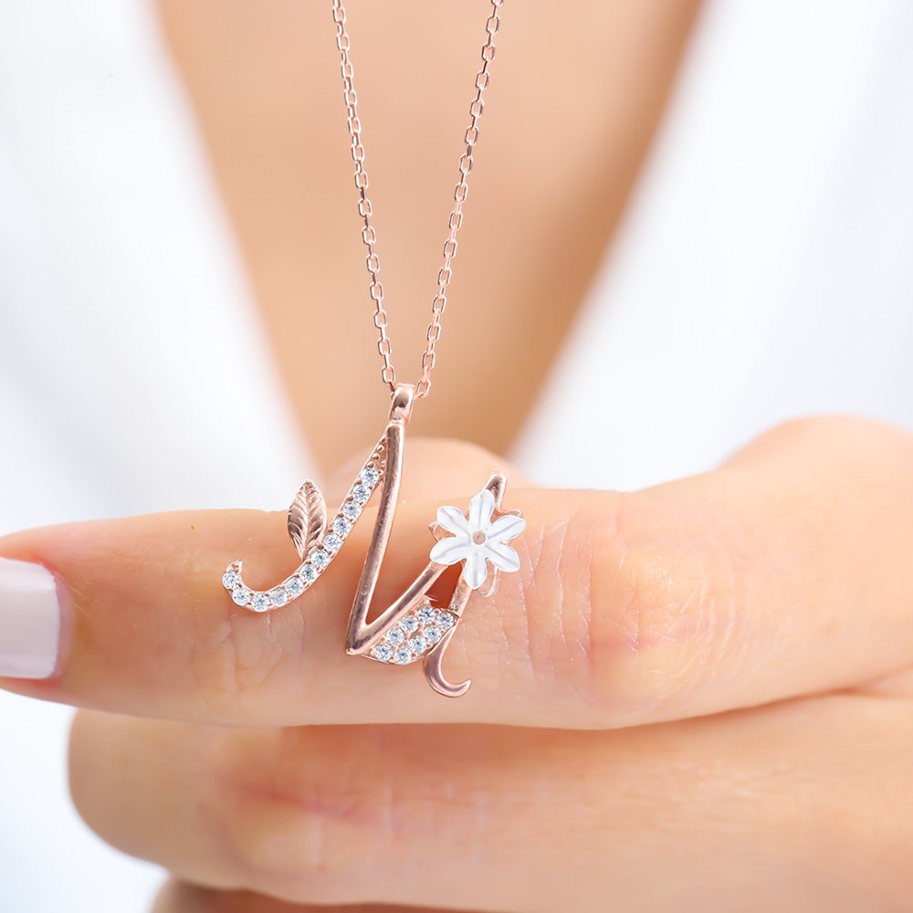 Sparkling Magnolia Flower 925 Sterling Silver Letter Necklace