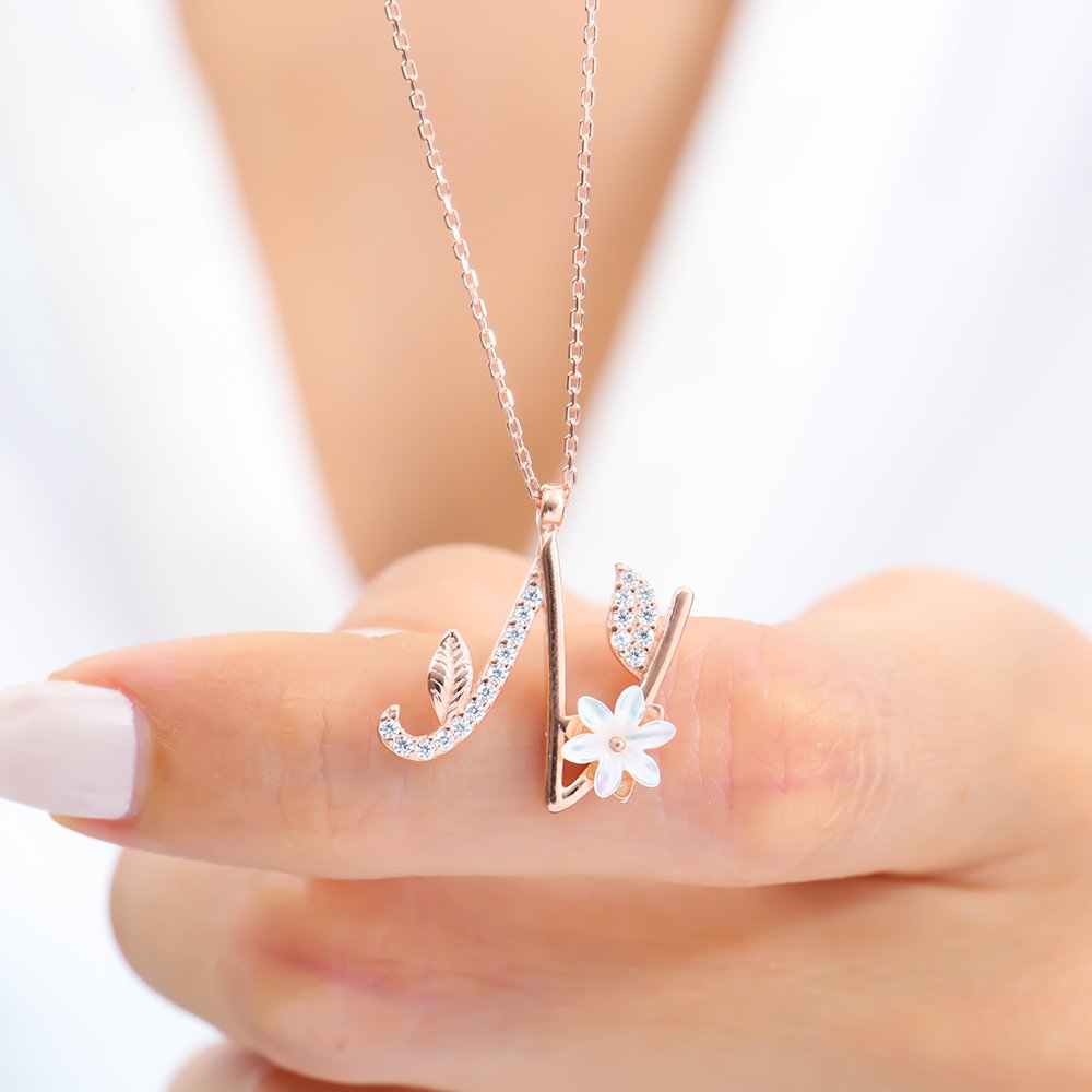 Sparkling Magnolia Flower 925 Sterling Silver Letter Necklace