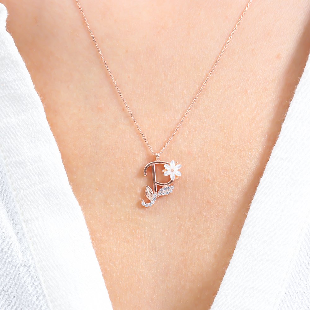 Sparkling Magnolia Flower 925 Sterling Silver Letter Necklace