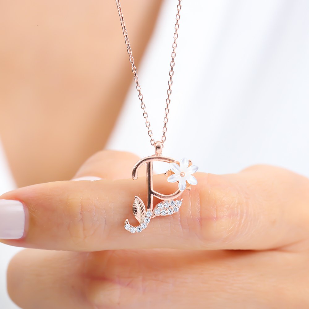 Sparkling Magnolia Flower 925 Sterling Silver Letter Necklace