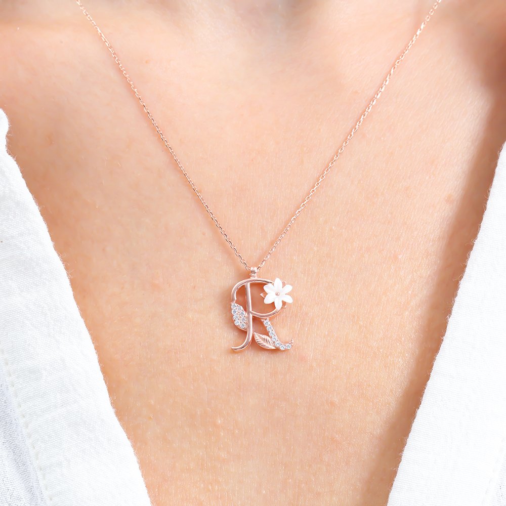 Sparkling Magnolia Flower 925 Sterling Silver Letter Necklace