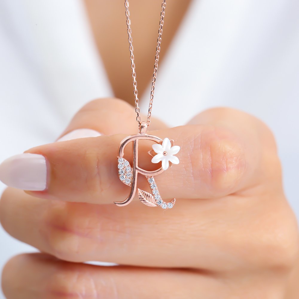 Sparkling Magnolia Flower 925 Sterling Silver Letter Necklace