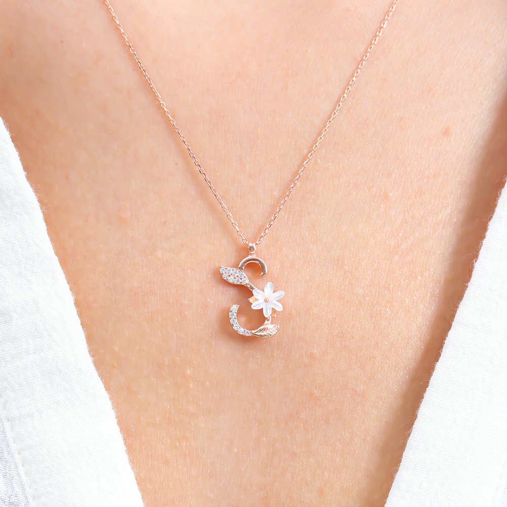 Sparkling Magnolia Flower 925 Sterling Silver Letter Necklace