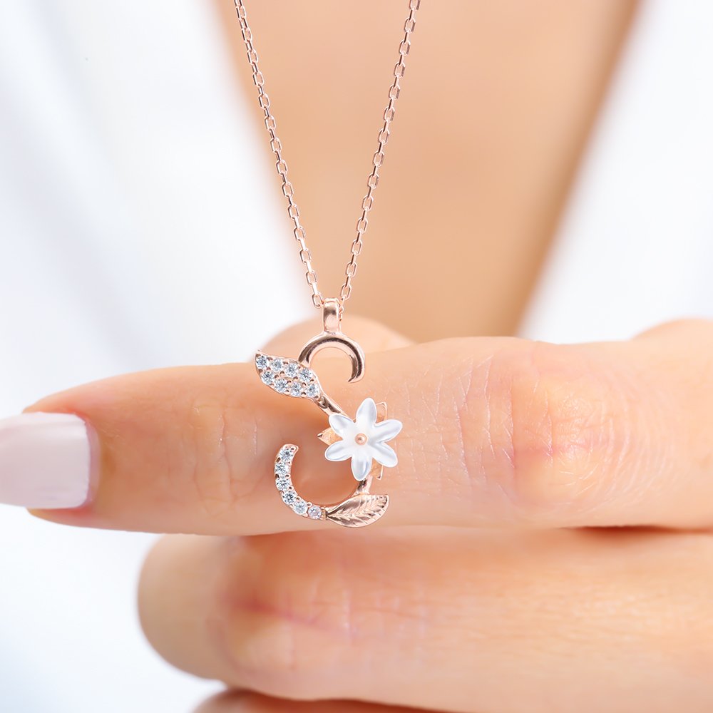 Sparkling Magnolia Flower 925 Sterling Silver Letter Necklace