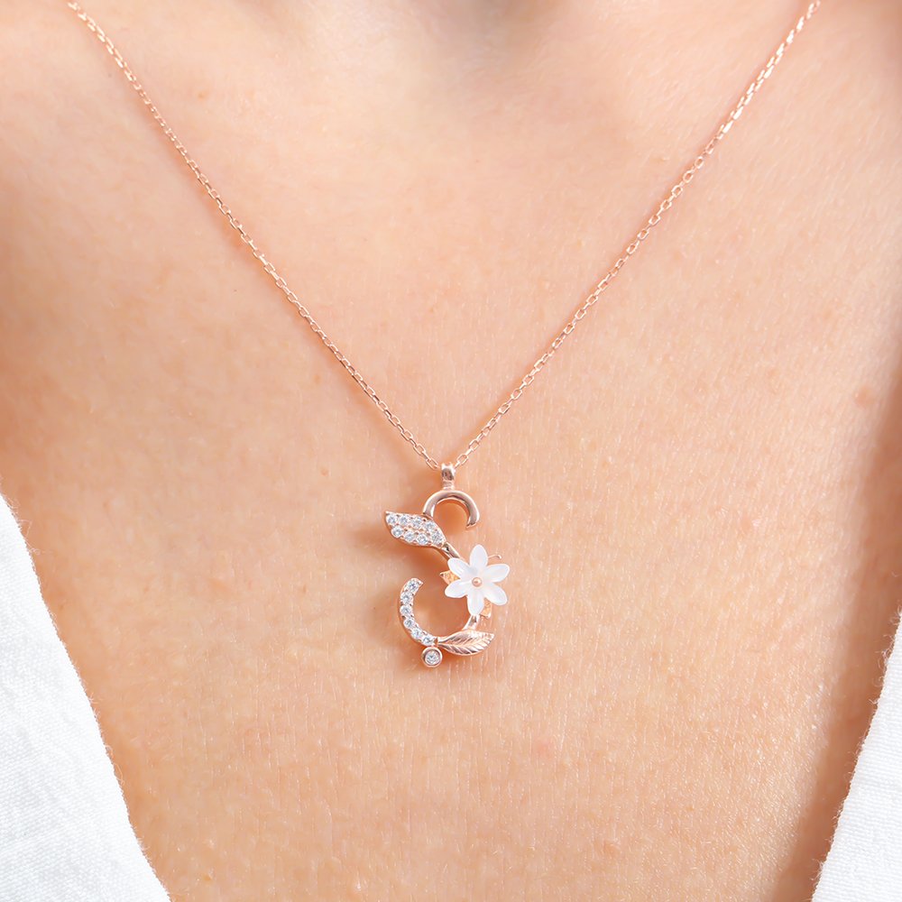 Sparkling Magnolia Flower 925 Sterling Silver Letter Necklace