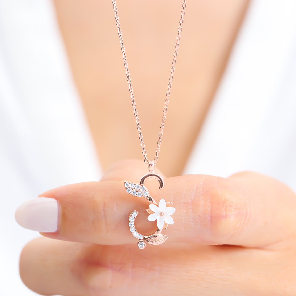 Sparkling Magnolia Flower 925 Sterling Silver Letter Necklace