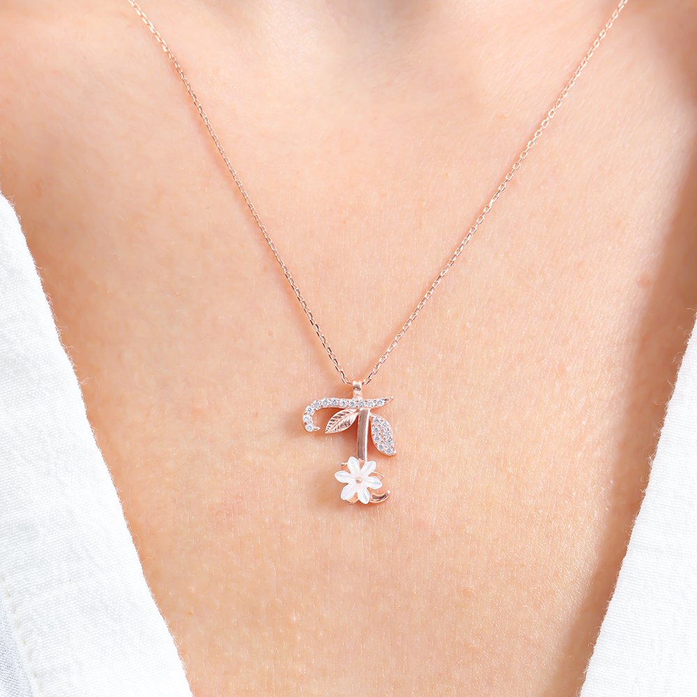 Sparkling Magnolia Flower 925 Sterling Silver Letter Necklace