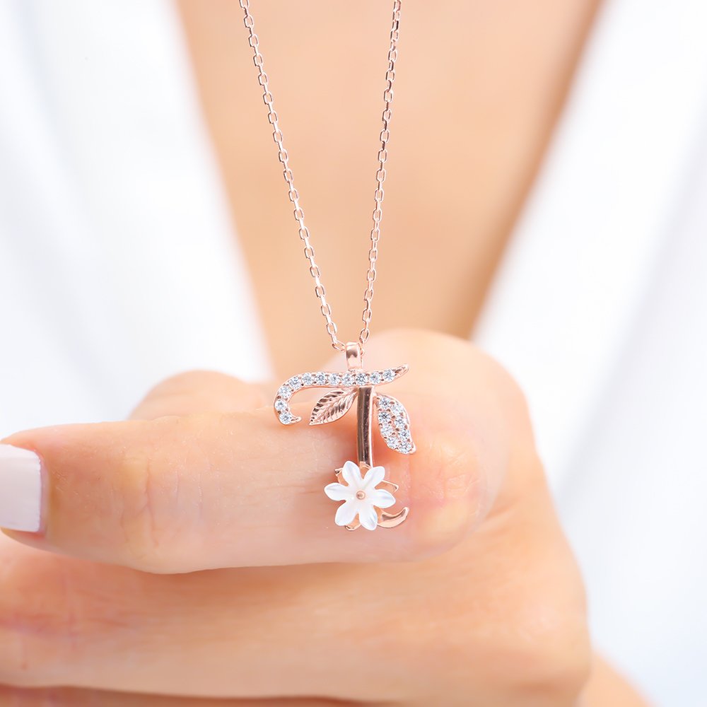 Sparkling Magnolia Flower 925 Sterling Silver Letter Necklace