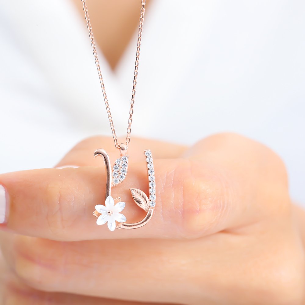 Sparkling Magnolia Flower 925 Sterling Silver Letter Necklace