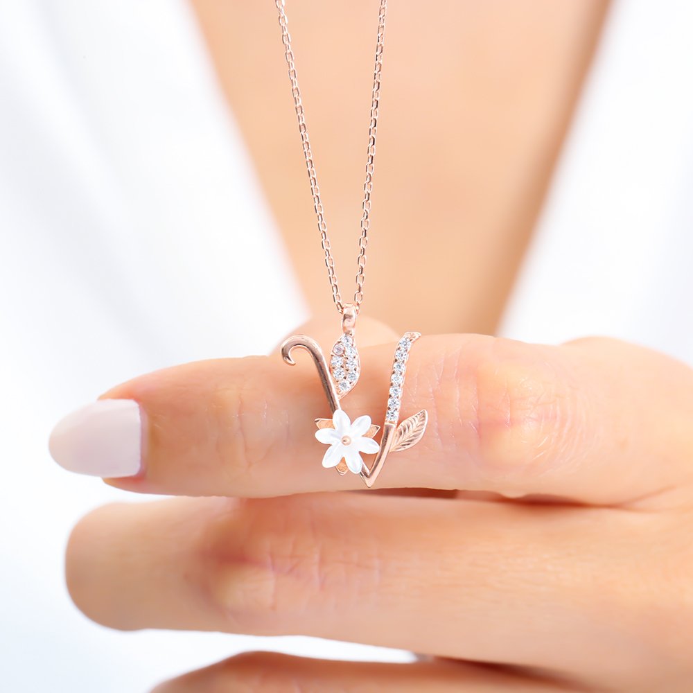 Sparkling Magnolia Flower 925 Sterling Silver Letter Necklace