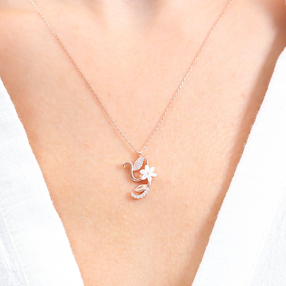 Sparkling Magnolia Flower 925 Sterling Silver Letter Necklace