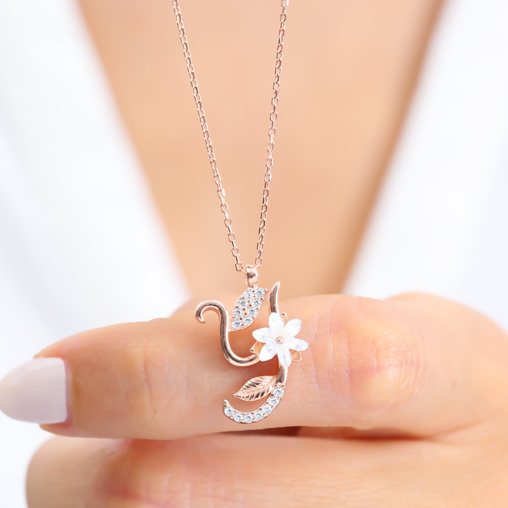 Sparkling Magnolia Flower 925 Sterling Silver Letter Necklace