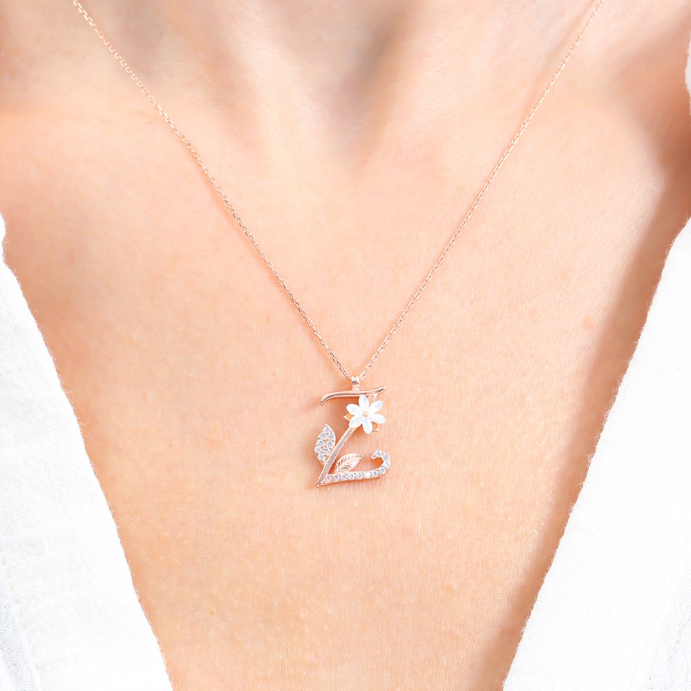 Sparkling Magnolia Flower 925 Sterling Silver Letter Necklace