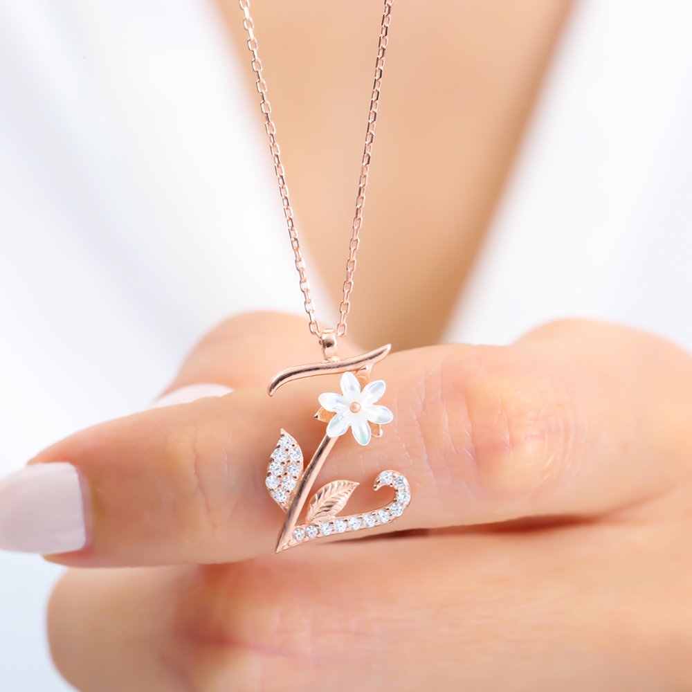 Sparkling Magnolia Flower 925 Sterling Silver Letter Necklace