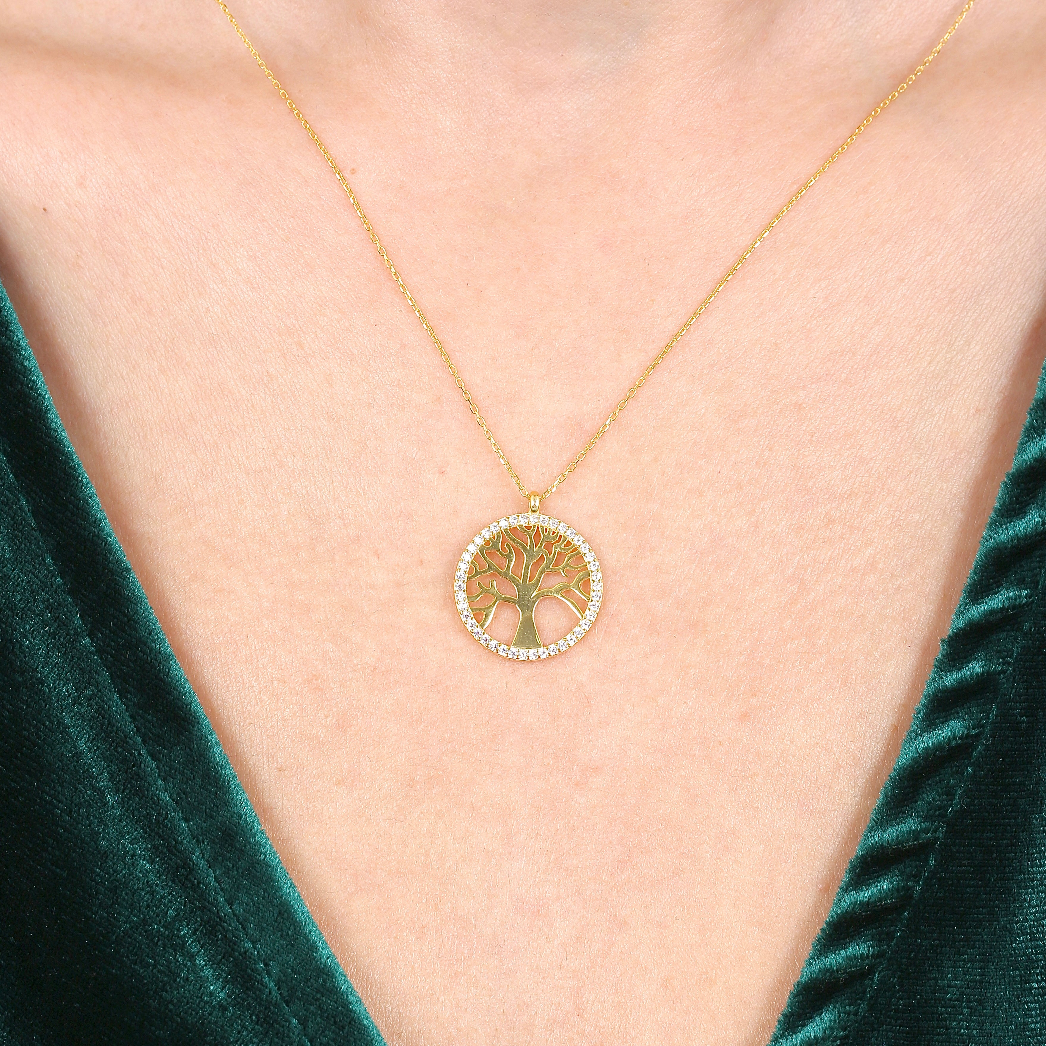 14K Solid Gold Sparkling Tree of Life Necklace – Meaningful Gift, Wedding Jewelry, Bridesmaid Gift, Women’s Gift