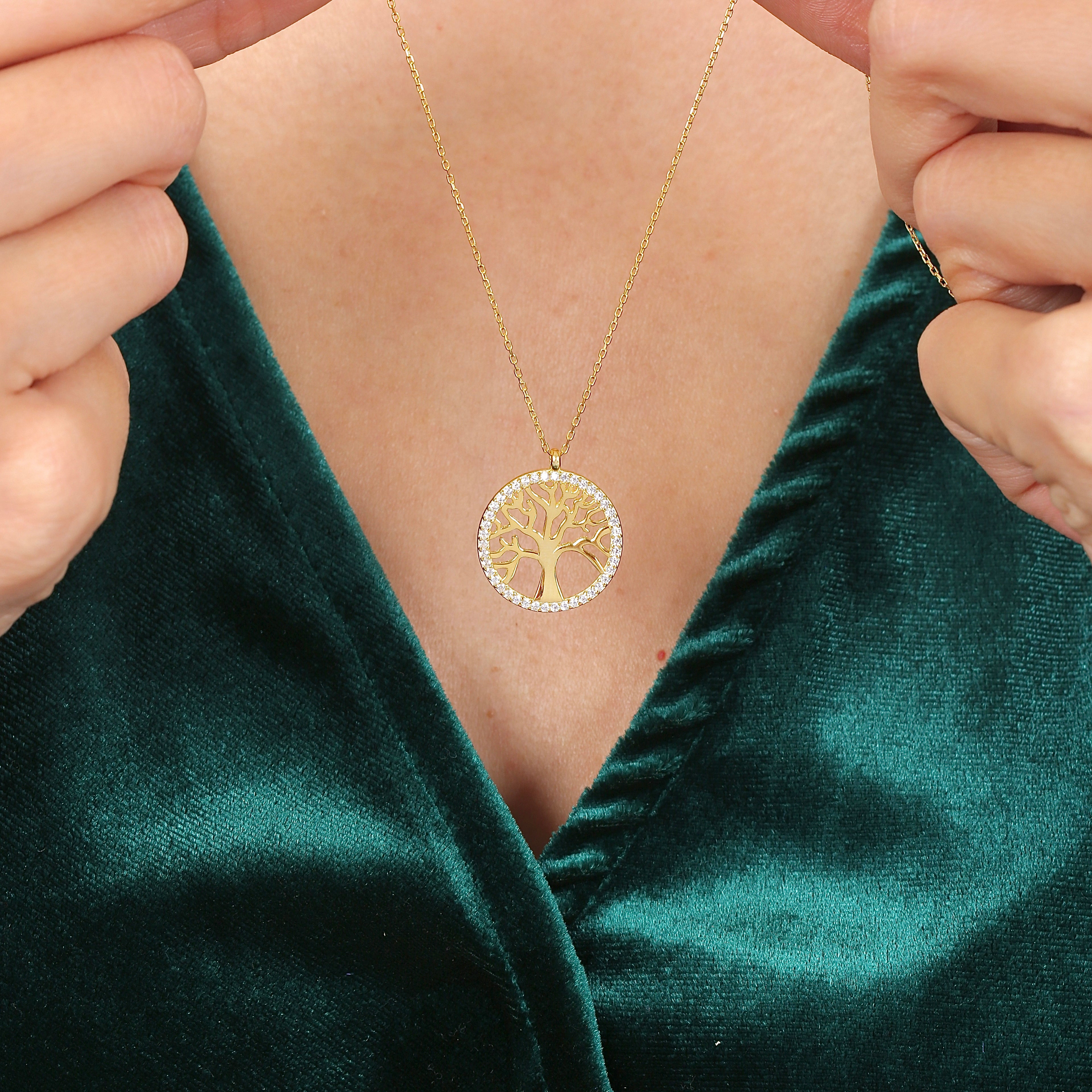 14K Solid Gold Sparkling Tree of Life Necklace – Meaningful Gift, Wedding Jewelry, Bridesmaid Gift, Women’s Gift