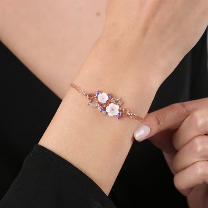 Amethyst Magnolia Love Garden Rose Gold-Plated Sterling 925 Silver Bracelet