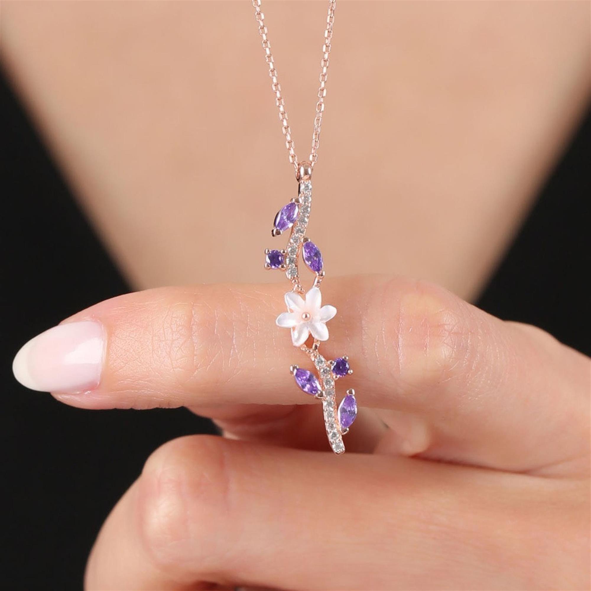 Amethyst Magnolia Elegance Bond Rose Gold-Plated 925 Sterling Silver Necklace